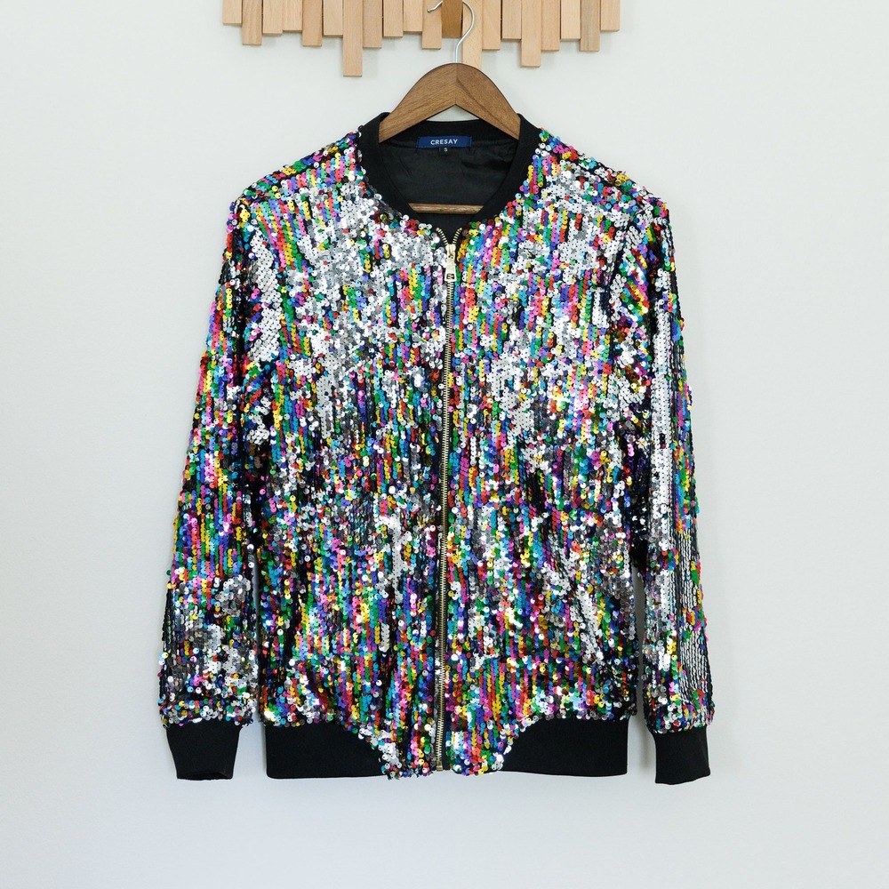 Cresay Womens Rainbow Sequin Bomber Jacket Multi Color Sparkle Zip Front Small